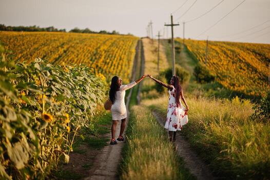 dos jóvenes amigas negras usan pose de vestido de verano en un campo de girasoles. foto