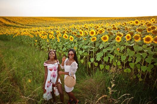 dos jóvenes amigas negras usan pose de vestido de verano en un campo de girasoles. foto
