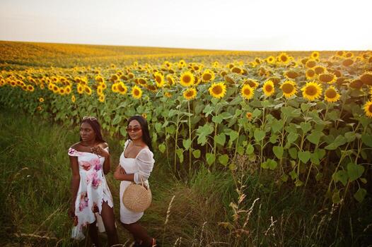 dos jóvenes amigas negras usan pose de vestido de verano en un campo de girasoles. foto