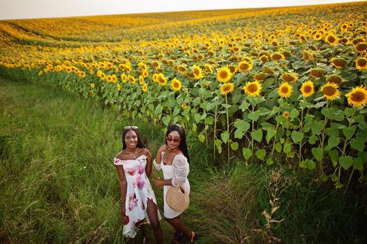 dos jóvenes amigas negras usan pose de vestido de verano en un campo de girasoles. foto