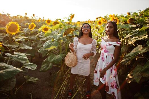 dos jóvenes amigas negras usan pose de vestido de verano en un campo de girasoles. foto