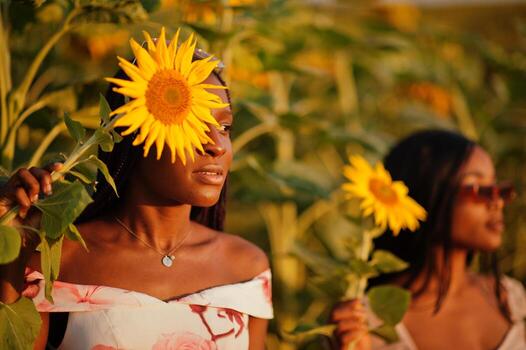 dos jóvenes amigas negras usan pose de vestido de verano en un campo de girasoles. foto