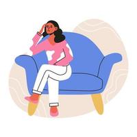 Young sad unhappy woman in depression sitting on a chair. Flat vector illustration in trendy colors, isolated on a white background.