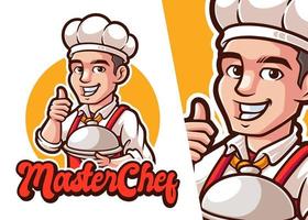 Maestro cocinero mascota dibujos animados logo. hombre personaje profesión logo vector