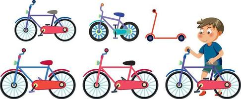 Boy with different bicycle on white background vector