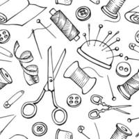 Seamless pattern with sewing tools. Hand drawn illustration converted to vector. vector