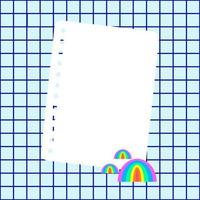 White note paper on a blue sky background. A sheet of notebook paper place on blue checker background with colors of rainbow. Vector illustration, flat style.