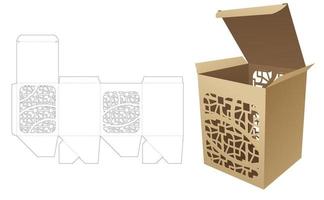 Cardboard box with 2 stenciled pattern windows die cut template and 3D mockup vector