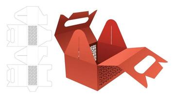 Cardboard handle packaging box with stenciled pattern die cut template and 3D mockup vector
