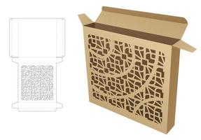 Tin box with stenciled pattern die cut template and 3D mockup vector