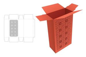 tall packaging box with stenciled pattern window die cut template and 3D mockup vector