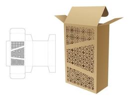 Box with 3 stenciled patterns die cut template and 3D mockup vector