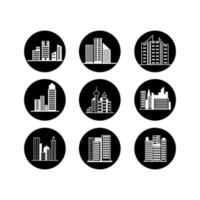 icono conjunto de edificio rascacielos negro y blanco ilustraciones vector