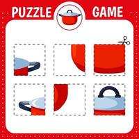 Puzzle game for kids. Cutting practice. Education developing worksheet. Activity page. Cut and glue saucepan. Kitchen utensil vector