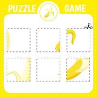 Puzzle game for kids. Cutting practice. Education developing worksheet. Activity page. Cut and glue banana vector