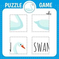 Puzzle game for kids. Cutting practice. Education developing worksheet. Activity page. Cut and glue swan vector