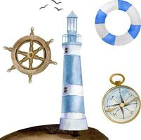 Watercolor nautical elements set wooden steering wheel, blue lighthouse and buoy, gold metal compass. vector