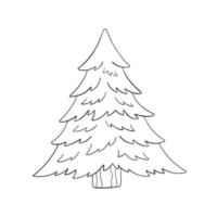 Christmas tree in doodle style, vector illustration. Isolated element on a white background. Icon fir for print and design, hand drawn. Holiday tree outline, merry xmas