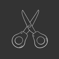 Scissor in doodle style, vector illustration. School tool icon for print and design. Isolated element on a chalk board background. Back to school concept, hand drawn graphic sketch.