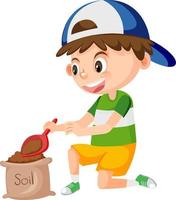 A boy holding shovel and dipping in soil bag vector