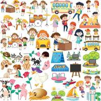 Set of different cute kids and objects vector