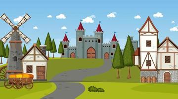 escena de la ciudad medieval en estilo de dibujos animados vector