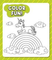 Worksheets template with color time text and Unicorn outline vector