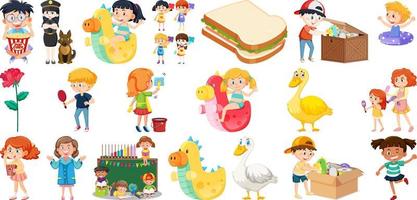 Set of different cute kids and objects vector