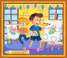 Student kids photo jigsaw puzzle game template vector