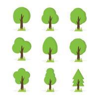 Set of nine flat trees in green tones vector