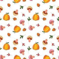 Seamless pattern with pumpkins, mushrooms and leaves in doodle style. Abstract nature background. Cute autumn forest background. For textile, wrapping paper, packaging, children apparel. vector