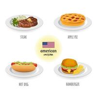 americano cocina bife, manzana tarta, caliente perro y hamburguesa en blanco aislado antecedentes. comida concepto vector ilustración