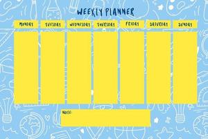 Weekly planner for kids on doodle blue background with school supplies items. Colorful vector illustration for stationary, schedule, list, school timetable, extracurricular activities.