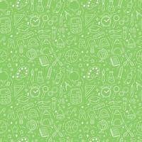 Hand drawn doodle seamless pattern with school icons on green background. Vector illustration of supplies, back to school concept for print, web and textile design, stationery.