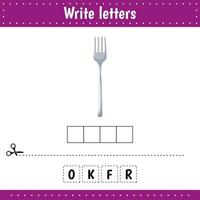 Educational game for kids. Crossword kitchen equipment. Fork. Guess the word. Education developing worksheet. vector