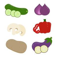 Various sets of colorful food icons for vegetarians and vegans. Vegetables, mushrooms, and potato. Simple flat vector style.