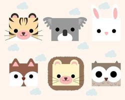 Cute cartoon square animal faces illustration vector. Tiger, koala, rabbit, fox, lion, and owl face. Design for kids illustration. vector