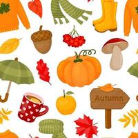 seamless pattern from autumn elements.  Leaves, pumpkin, acorn, sweater, scarf, cup of hot tea, mushrooms and other symbols of fall. Endless texture. Vector illustration. Cartoon style.