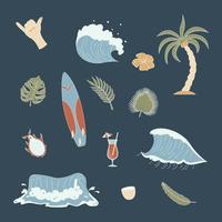 Set Of Hand Drawn Surfing Elements. Waves, Surfboard, Palm Trees, Tropical Leaves And More. vector