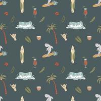 Seamless Pattern With Hand Drawn Elements With A Surf Theme. Wave, Surf, Palm Trees And More. vector