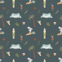 Seamless Pattern With Hand Drawn Elements With A Surf Theme. Wave, Surf, Palm Trees And More. vector