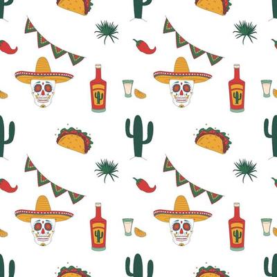 Seamless Pattern With The Theme Of Mexico. Skulls, Hot Pepper, Tequila, Cactus.
