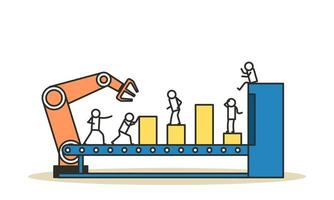 vector negocio industria robot fábrica concepto ilustración futuro proceso de producción con gráfico infográfico y personas. línea transportadora de máquina de tecnología de revolución inteligente. bienes de control del sistema robótico