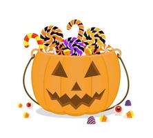 Halloween sweets in a cauldron pumpkin. Trick or treat. Various candies, marmalade, candy corn vector