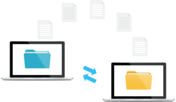 fil överföra. två bärbara datorer med mappar på skärm och överförd dokument. kopia filer, data utbyta, säkerhetskopiering, pc migration, fil delning begrepp. platt design grafisk element. png