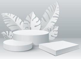 Mockup 2 cylindrical and 1 rectangular podiums with leaves for product presentation on white color background vector