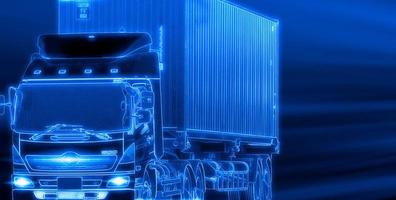 Fast delivery truck on dark blue background. Truck transport. Semi trailer container. Logistic industry. Freight transportation. Futuristic truck with autonomous driving concept. Cargo and shipping. photo