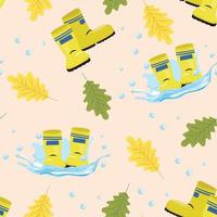 Beautiful seamless pattern with gumboots and leaves. For textile, wrapping paper, packaging, background, children apparel. Gumboots leaves seamless background. Cute autumn design. vector