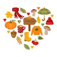 Cute autumn elements in form of heart. Leaves, pumpkin, acorn, sweater, scarf, cup of hot tea, mushrooms and other symbols of fall and autumn. Vector illustration. Cartoon style.