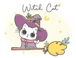 cute Halloween funny purple witch white cat on flying magic broom, cartoon animal vector hand drawn doodle